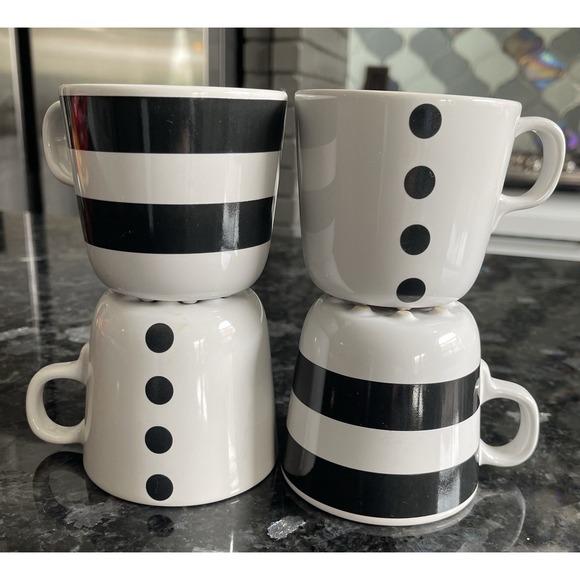 IKEA Other - Ikea Ungdom Set Of 4 Black White Dots Stripes Ceramic Coffee Mugs READ